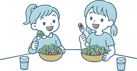 サラダを食べている子供たちのイラスト