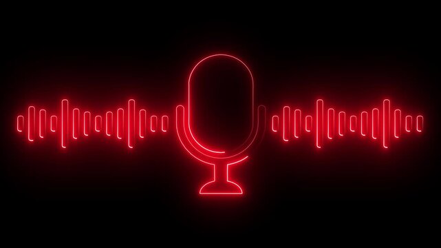 Glowing neon voice recording microphone button icon animation. On The Black Background Glowing Audio Visualization with Microphone Dynamic Sound Wave Graphic with Neon Microphone.