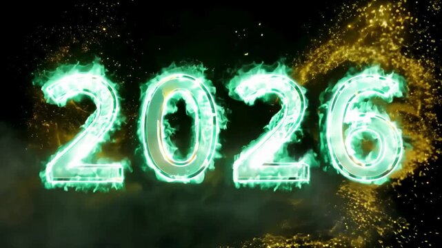 Sci-fi inspired video of the year 2026 appearing in glowing neon green numbers surrounded by smoke, highlighted by an eruption of golden/yellow sparks against a dark background, suitable for tech, gam