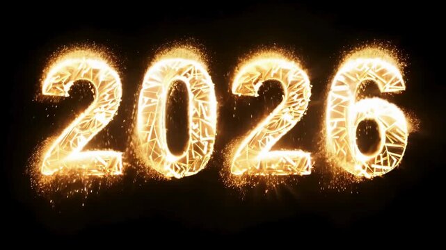 High-impact video showing the year 2026 numbers crackling with intense internal fire and sparks, then releasing a powerful, bright cascade of golden embers falling to the ground, excellent for dramati