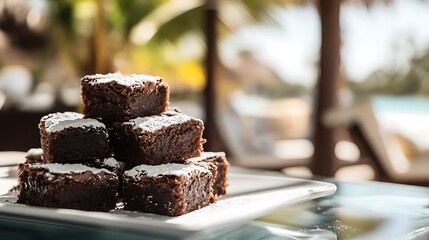 Chocolate brownies with gooey centers and powdered sugar dusting on a glass table under a cabana