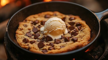 Chocolate chip cookie on crystal bowl skillet with a scoop of vanilla ice cream cozy evening feel on modern outdoor
