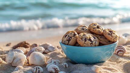 Chocolate chip cookies on bowl arranged on a sandy shore with seashells on beach