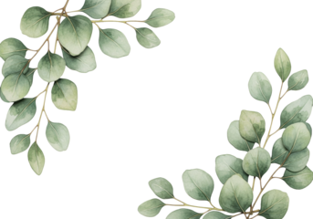 Detailed flat lay studio photo of sharp watercolor eucalyptus leaves in muted sage/olive, forming a botanical frame border on a clean gray background with copy space. Concept for elegant design asset
