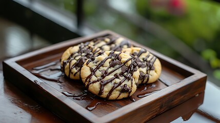 Chocolate chip cookies on wooden tray surrounded by melted chocolate drizzles on modern outdoor