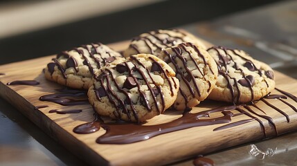 Chocolate chip cookies on wooden tray surrounded by melted chocolate drizzles on modern outdoor