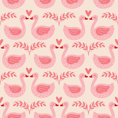 Valentine's Day seamless pattern with swans, hearts and branches on white background. Perfect for wallpaper, gift paper, romantic greeting cards. Vector hand drawn illustration