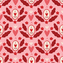 Valentine's Day seamless pattern with flowers, leaves, hearts and medallion on pink background. Perfect for wallpaper, gift paper, romantic greeting cards. Vector hand drawn illustration