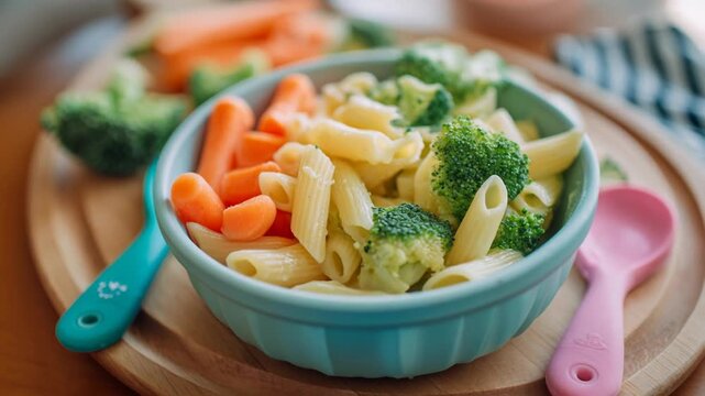 Colorful Bowl of Pasta with Broccoli and Carrots Healthy Meal for Baby Led Weaning Featuring Vibrant Vegetables and Nutritious Ingredients