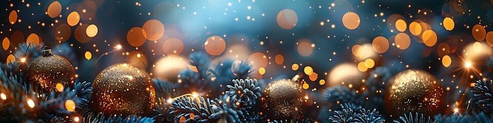 Panoramic Blue and Gold Christmas Baubles With Bokeh Lights Background