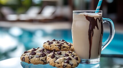 Chocolate chip cookies with melted chocolate and a glass of milkshake on a glass table under a cabana