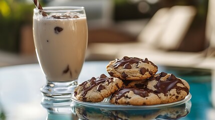Chocolate chip cookies with melted chocolate and a glass of milkshake on a glass table under a cabana