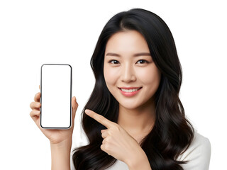 Smiling young Asian woman confidently displays a modern smartphone with a blank screen, pointing to it to highlight mobile application content or digital solutions for effective advertisement and