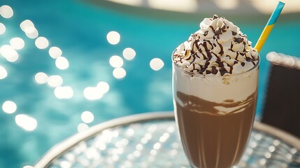 Chocolate chip milkshake with whipped cream by a sunny pool on a glass table under a cabana