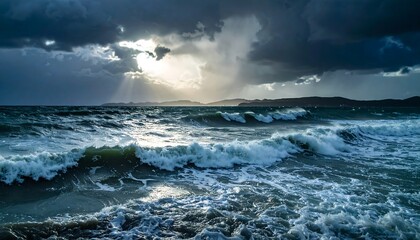 Dramatic ocean waves crash under a stormy sky, illuminated by sunlight breaking through the clouds