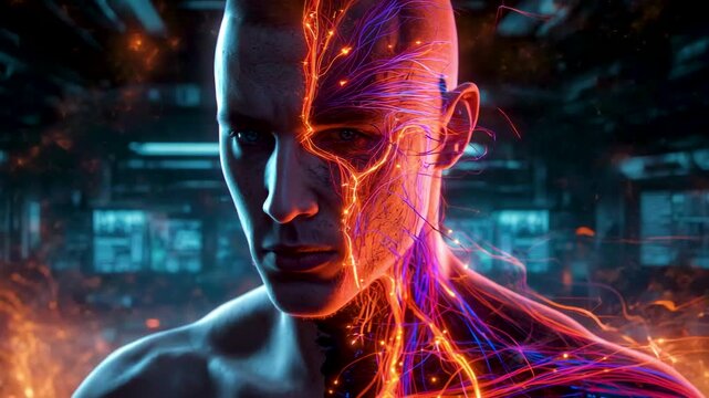 Human figure with half of the face and neck rendered in glowing circuitry patterns against a dark technological background