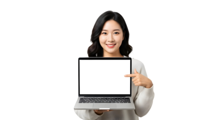 Professional Asian woman cheerfully displays a clean blank laptop screen, inviting viewers to engage with potential online information or business presentations and digital content