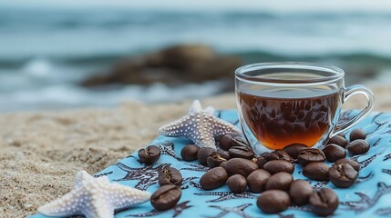 Chocolate coated coffee beans and tea on a starfish patterned towel on beach