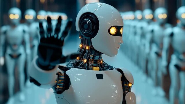 AI Robot Stance in a Futuristic Realm: A sleek, advanced robot with a serene, human-like appearance stands firmly, in a futuristic corridor.