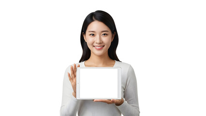 Cheerful young professional Asian woman presenting a modern digital tablet device with a perfectly blank white screen for innovative content display and promotional message