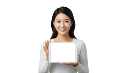 Cheerful young professional Asian woman presenting a modern digital tablet device with a perfectly blank white screen for innovative content display and promotional message