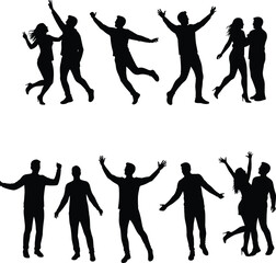 Silhouettes of Happy People Dancing, Jumping, Celebrating, Partying, Expressing Joy and Love in Group and Couple Poses on White Background