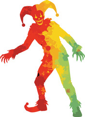 Sinister jester silhouette, colorful gradient costume, creepy grin, horror fantasy character, surreal Halloween concept, eerie clown design, stylized illustration