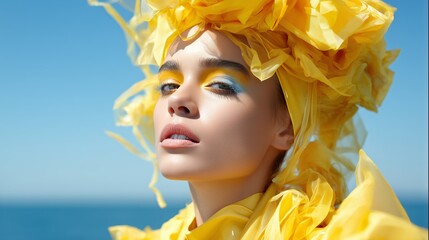 Woman poses at seaside with bright yellow headpiece and makeup under blue sky