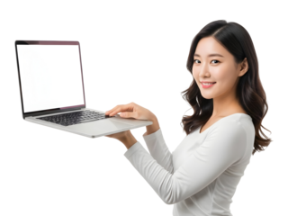 Young Asian woman smiling confidently while holding and presenting a modern laptop with a customizable blank screen, ideal for digital content and business promotion