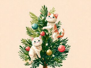 Two striped ginger and white cats sitting on a decorated Christmas tree.