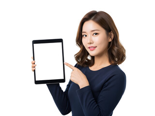 Smiling young Asian woman holding a modern digital tablet with a blank screen, pointing to showcase new technology or mobile application content