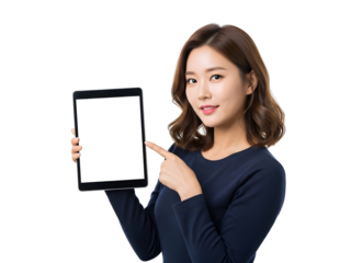 Smiling young Asian woman holding a modern digital tablet with a blank screen, pointing to showcase new technology or mobile application content
