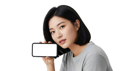 Engaging young Asian woman confidently holds and presents a modern smartphone with a blank white screen, offering a clear display for innovative digital content and mobile application promotion