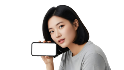 Engaging young Asian woman confidently holds and presents a modern smartphone with a blank white screen, offering a clear display for innovative digital content and mobile application promotion