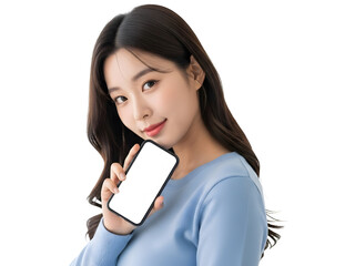 Beautiful young Asian female model presenting a sleek smartphone with a customizable white screen for innovative app displays or digital advertising concepts
