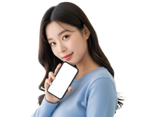 Beautiful young Asian female model presenting a sleek smartphone with a customizable white screen for innovative app displays or digital advertising concepts