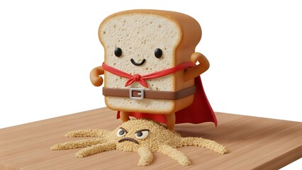 Super bread hero toy with spider companion on wooden surface