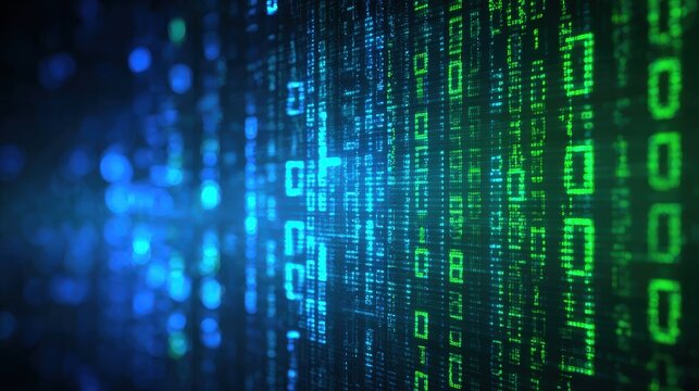 A digital abstract representation featuring glowing binary code in shades of blue and green, symbolizing technology and data processing. - Powered by Adobe