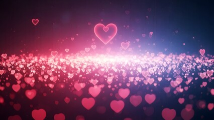 A vibrant, glowing background with countless red and pink heart shapes floating above a sparkling surface. Ideal for Valentine's Day, anniversaries, love concepts, marketing, and design templates.