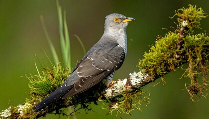 Fototapeta premium Cuckoo perched on a mossy branch, eyes alert against soft blurred background