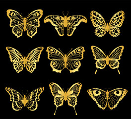 Collection of golden decorative butterflies, night moths.Vector graphics.
