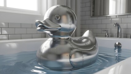Silver rubber duck floats in a filled bathtub with running water