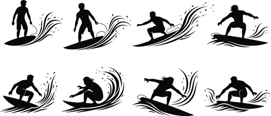 Dynamic surfer silhouette collection riding ocean waves, extreme water sports action illustration set for summer beach design, surfing movement artwork themes