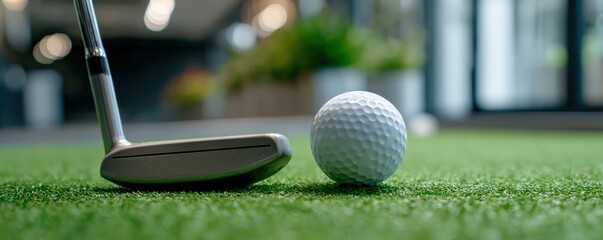 A close-up of a golf club and ball on artificial turf, showcasing a clean, modern indoor golfing environment with soft lighting.