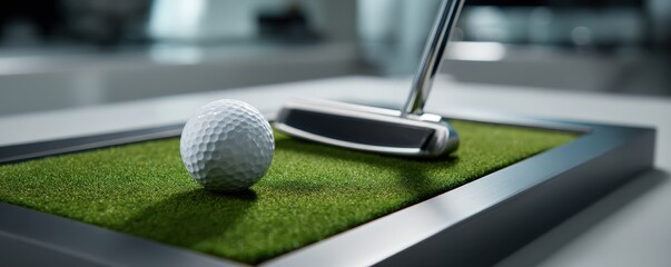 A close-up of a golf putter positioned on a green surface with a golf ball, suggesting a focus on putting practice indoors.
