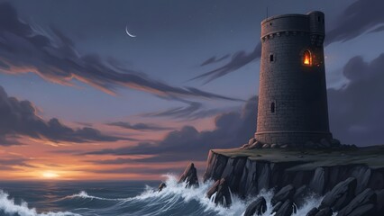 Dramatic coastal lighthouse glows warmly against a vibrant sunset and stormy sea