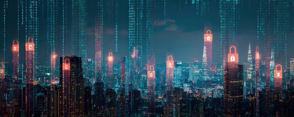 A futuristic cityscape with digital elements, featuring skyscrapers and cybersecurity icons, illustrating the blend of technology and urban life.