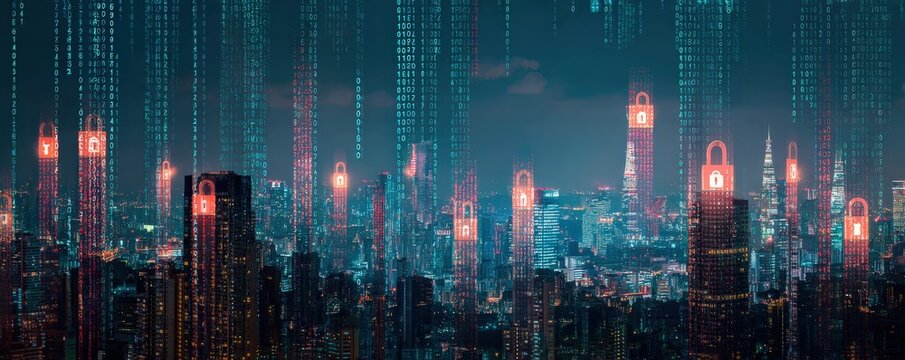 A futuristic cityscape with digital elements, featuring skyscrapers and cybersecurity icons, illustrating the blend of technology and urban life. - Powered by Adobe