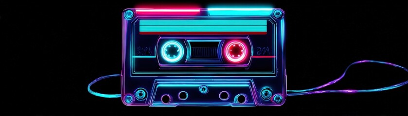 A colorful, neon-styled cassette tape against a dark background, evoking nostalgia for retro music and technology.