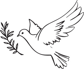 Fototapeta premium Dove in flight holding olive branch, black-and-white peace symbol in minimalist line art illustration